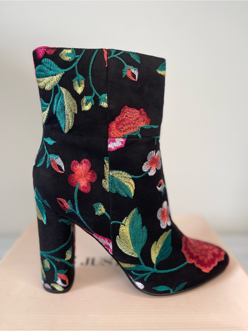 JustFab Black Floral Embroidered Block Heel Ankle Boots